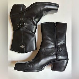Harley Davidson Black Square Toe Leather Heeled Boots